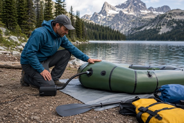 Packraft aufblasen elektrisch mit Pumpe