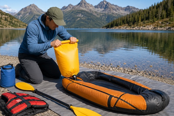 Packraft aufblasen manuell mit dem Blasesack